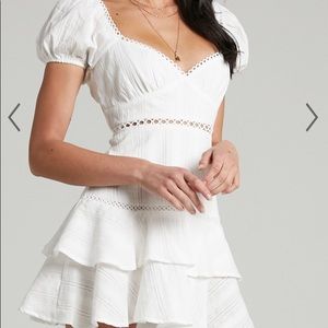 Showpo 
Rhyken Puff Sleeve Frill Detail Mini Dress in Off White